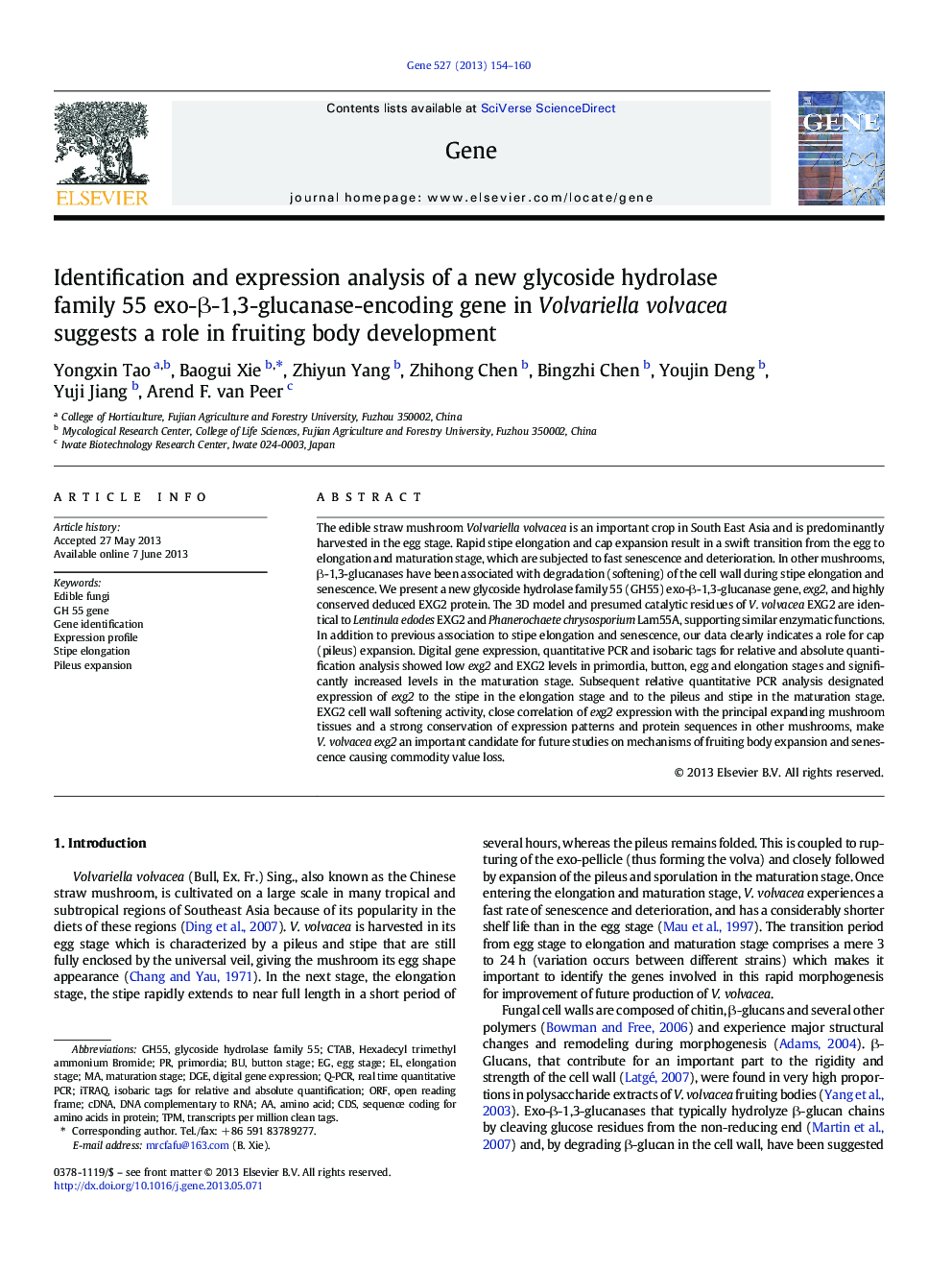 عکس صفحه اول مقاله: Identification and expression analysis of a new glycoside hydrolase family 55 exo-β-1,3-glucanase-encoding gene in Volvariella volvacea suggests a role in fruiting body development Identification and expression analysis of a new glycoside hydrolase family 55 exo-β-1,3-glucanase-encoding gene in Volvariella volvacea suggests a role in fruiting body development