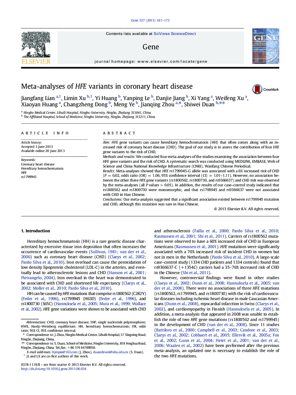 Meta-analyses of HFE variants in coronary heart disease