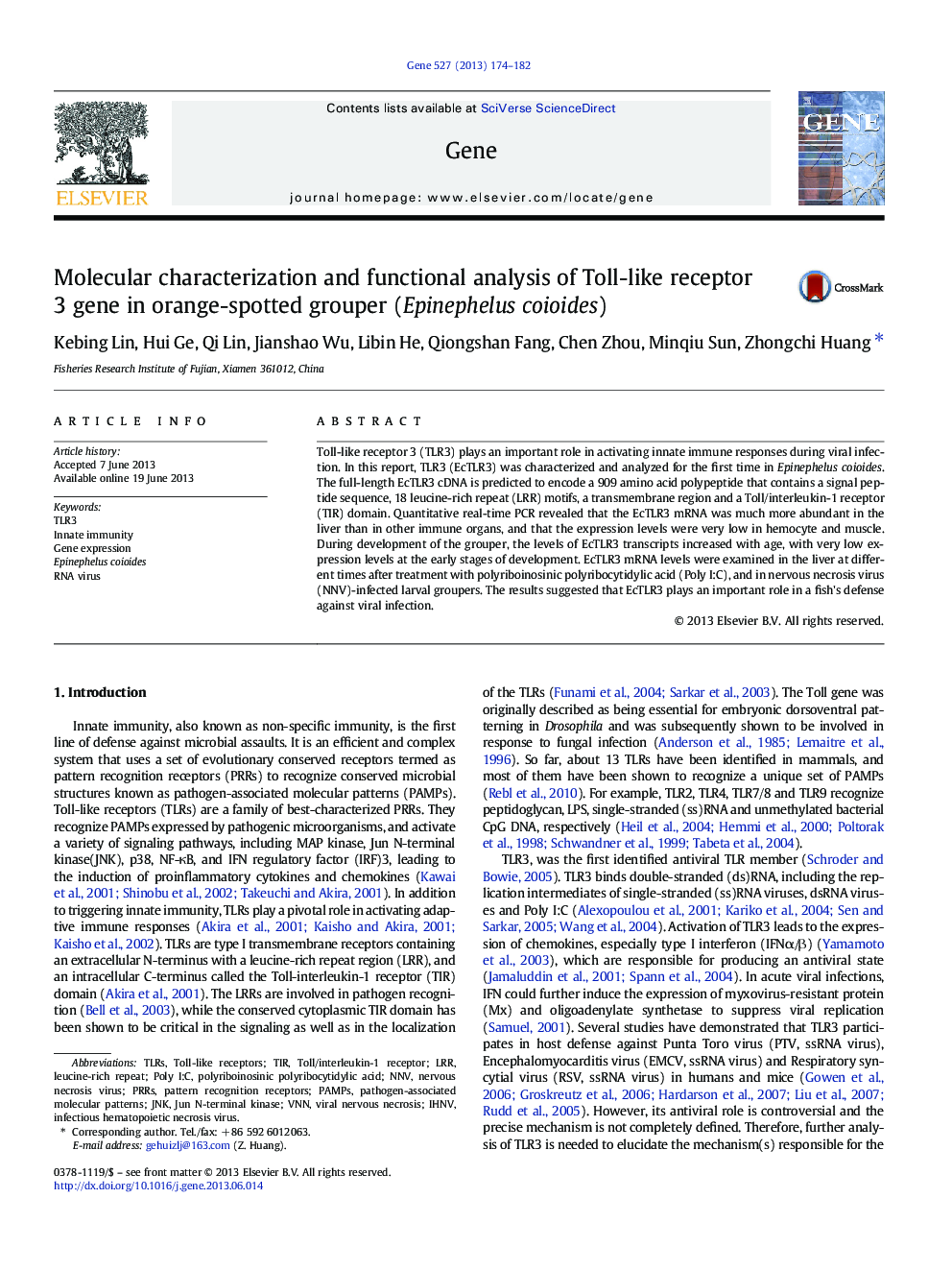 Molecular characterization and functional analysis of Toll-like receptor 3 gene in orange-spotted grouper (Epinephelus coioides)