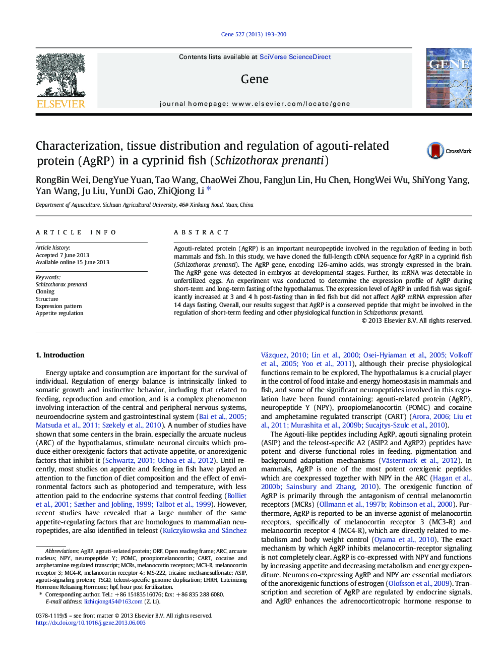 Characterization, tissue distribution and regulation of agouti-related protein (AgRP) in a cyprinid fish (Schizothorax prenanti)