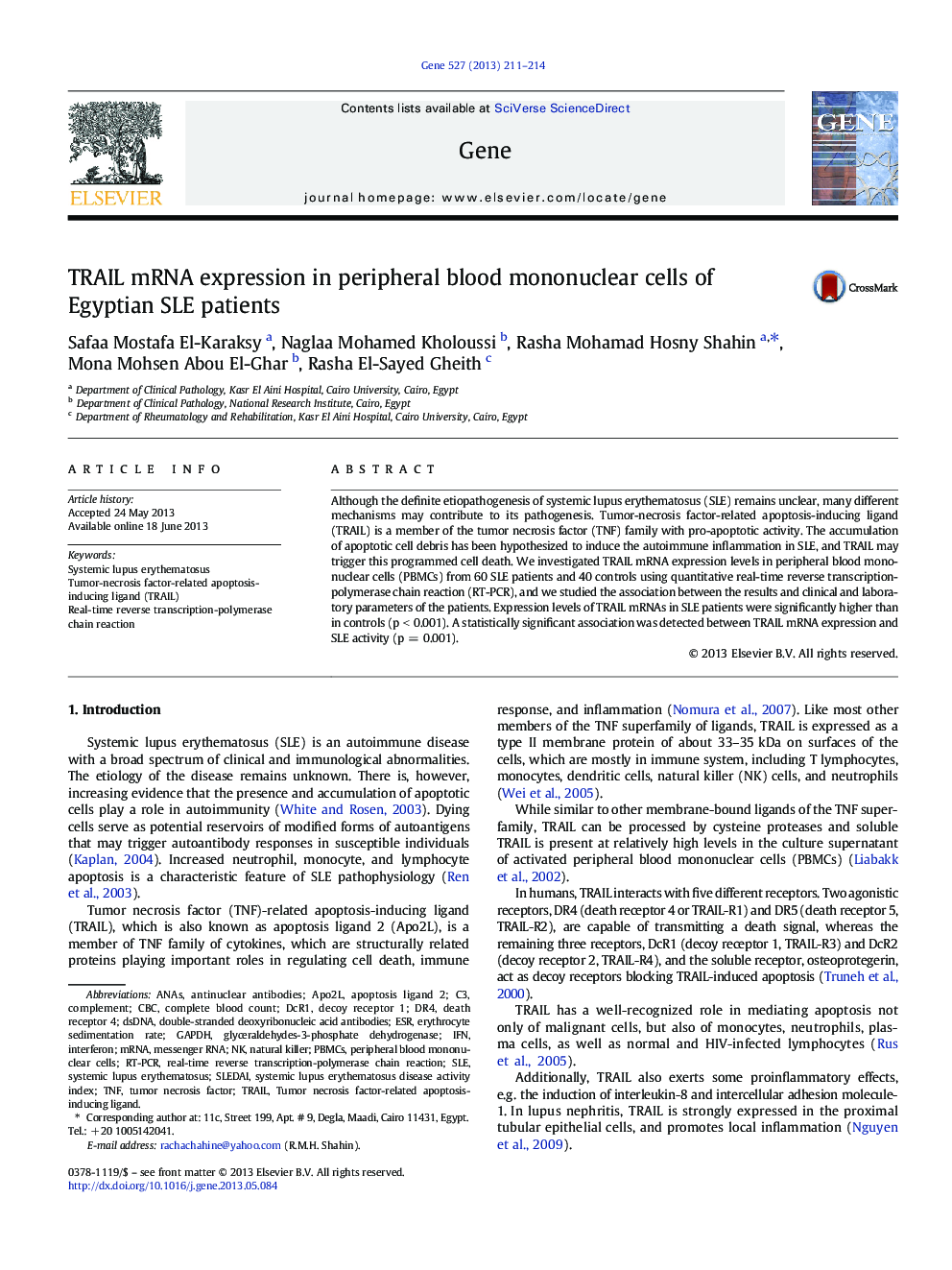 TRAIL mRNA expression in peripheral blood mononuclear cells of Egyptian SLE patients