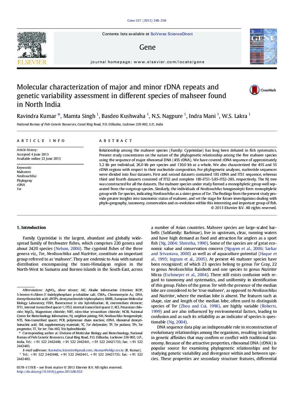 Molecular characterization of major and minor rDNA repeats and genetic variability assessment in different species of mahseer found in North India