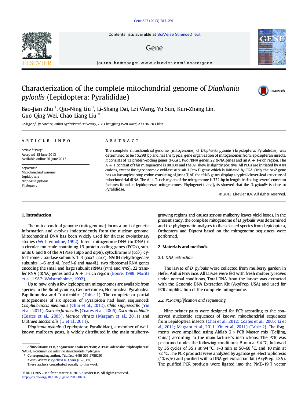 Characterization of the complete mitochondrial genome of Diaphania pyloalis (Lepidoptera: Pyralididae)