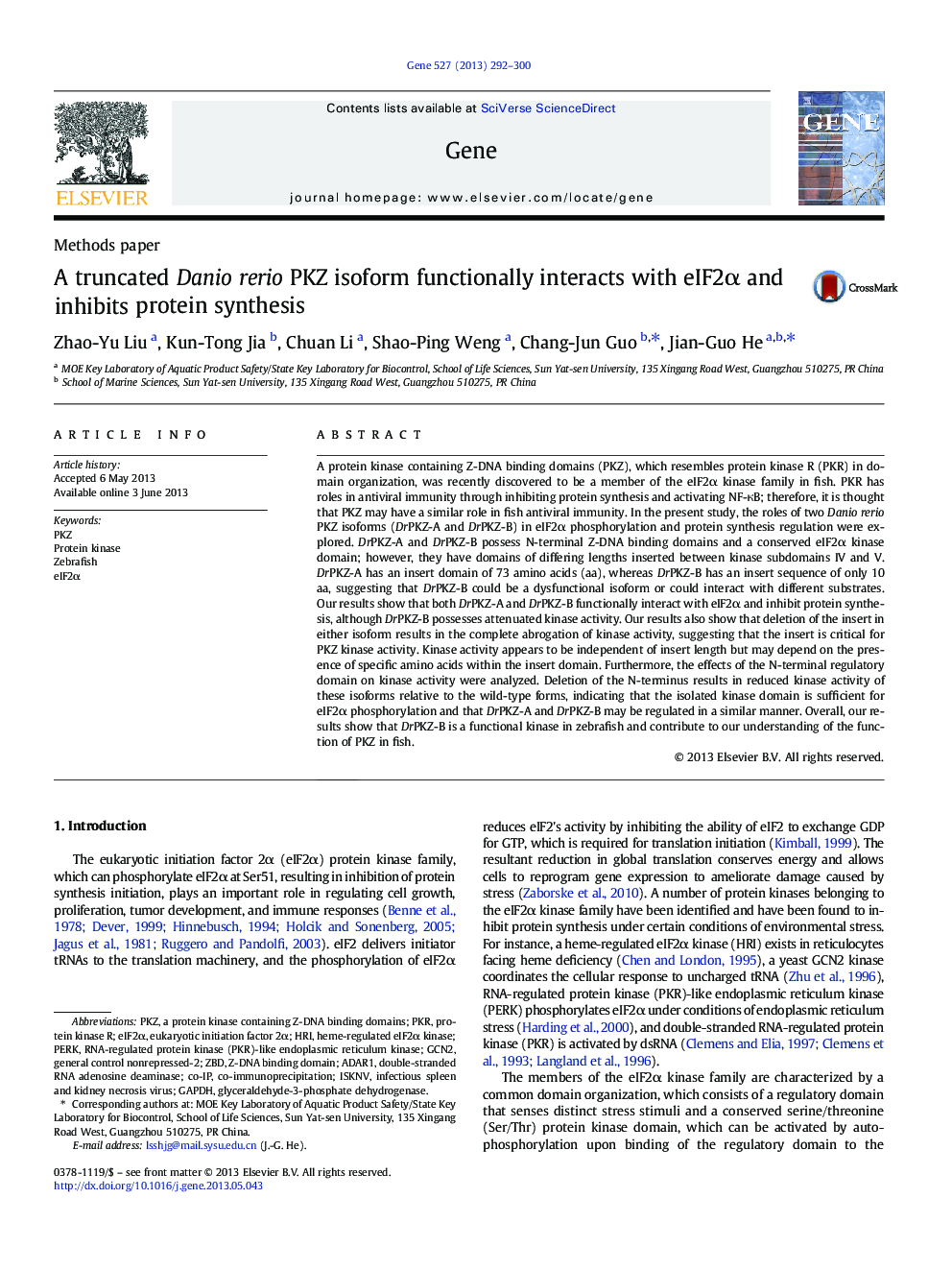 A truncated Danio rerio PKZ isoform functionally interacts with eIF2Î± and inhibits protein synthesis