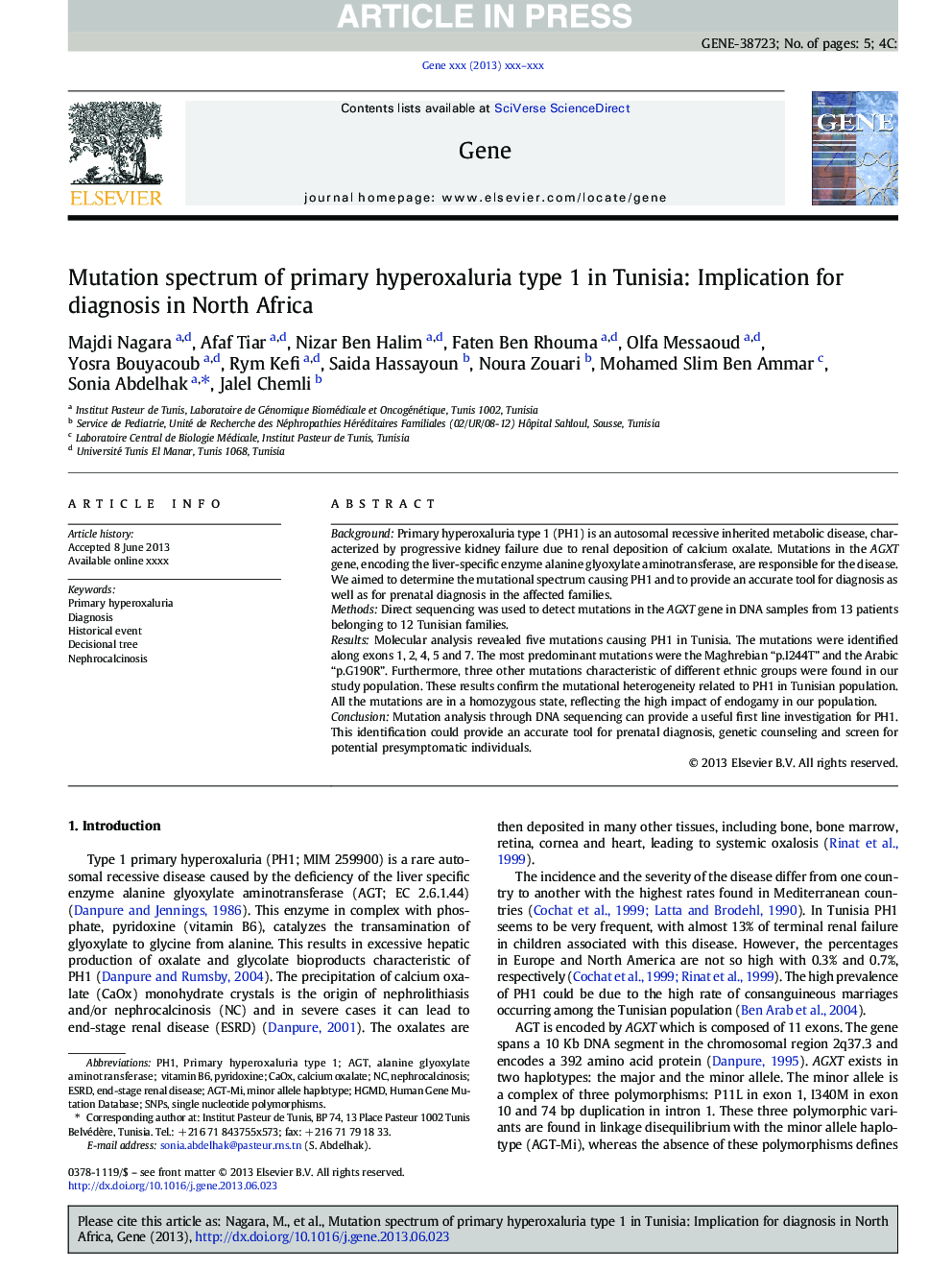 Mutation spectrum of primary hyperoxaluria type 1 in Tunisia: Implication for diagnosis in North Africa