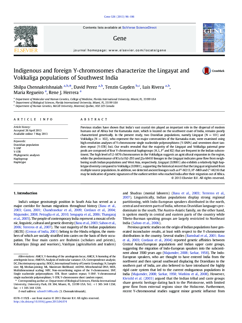 Indigenous and foreign Y-chromosomes characterize the Lingayat and Vokkaliga populations of Southwest India