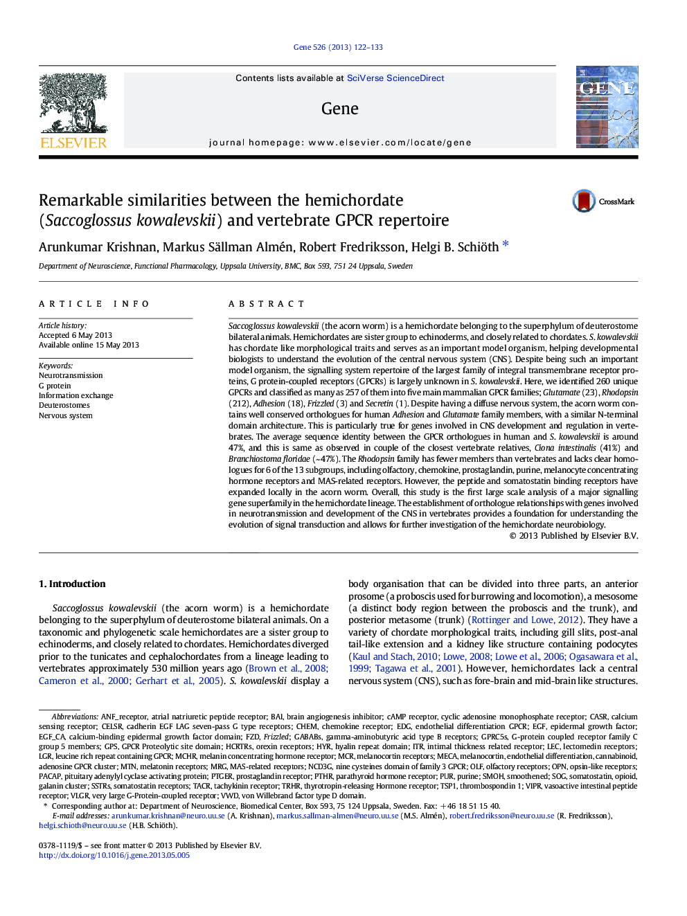 Remarkable similarities between the hemichordate (Saccoglossus kowalevskii) and vertebrate GPCR repertoire