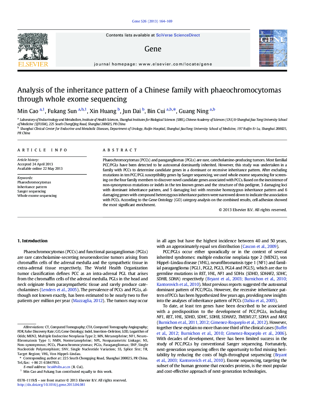 Analysis of the inheritance pattern of a Chinese family with phaeochromocytomas through whole exome sequencing