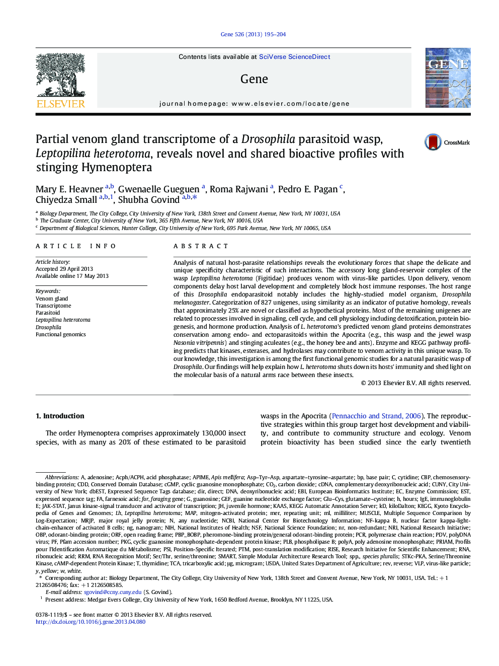 Partial venom gland transcriptome of a Drosophila parasitoid wasp, Leptopilina heterotoma, reveals novel and shared bioactive profiles with stinging Hymenoptera