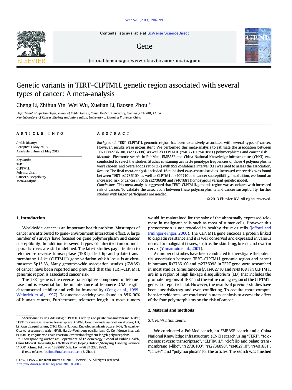 Genetic variants in TERT-CLPTM1L genetic region associated with several types of cancer: A meta-analysis