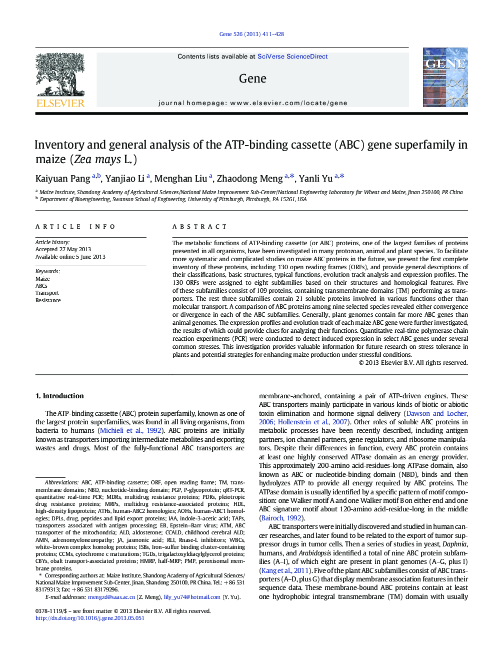 Inventory and general analysis of the ATP-binding cassette (ABC) gene superfamily in maize (Zea mays L.)