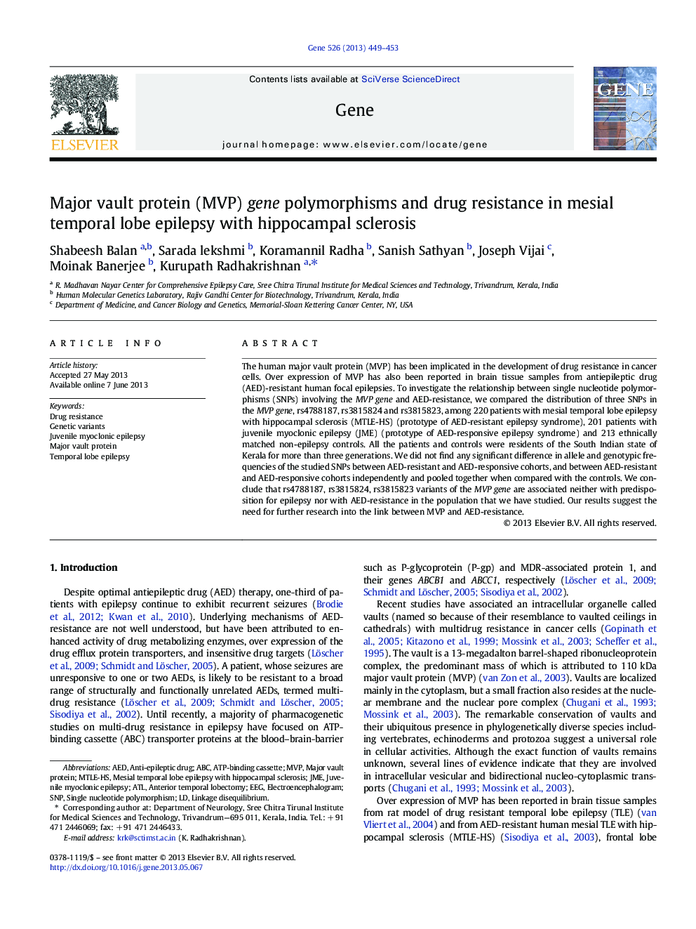 Major vault protein (MVP) gene polymorphisms and drug resistance in mesial temporal lobe epilepsy with hippocampal sclerosis