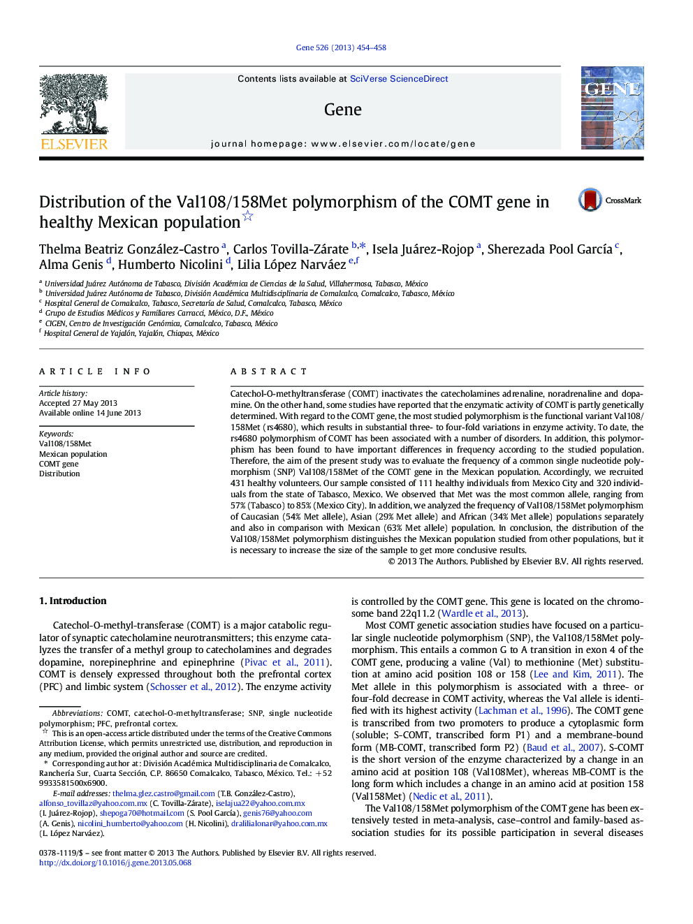 عکس صفحه اول مقاله: Distribution of the Val108/158Met polymorphism of the COMT gene in healthy Mexican population Distribution of the Val108/158Met polymorphism of the COMT gene in healthy Mexican population