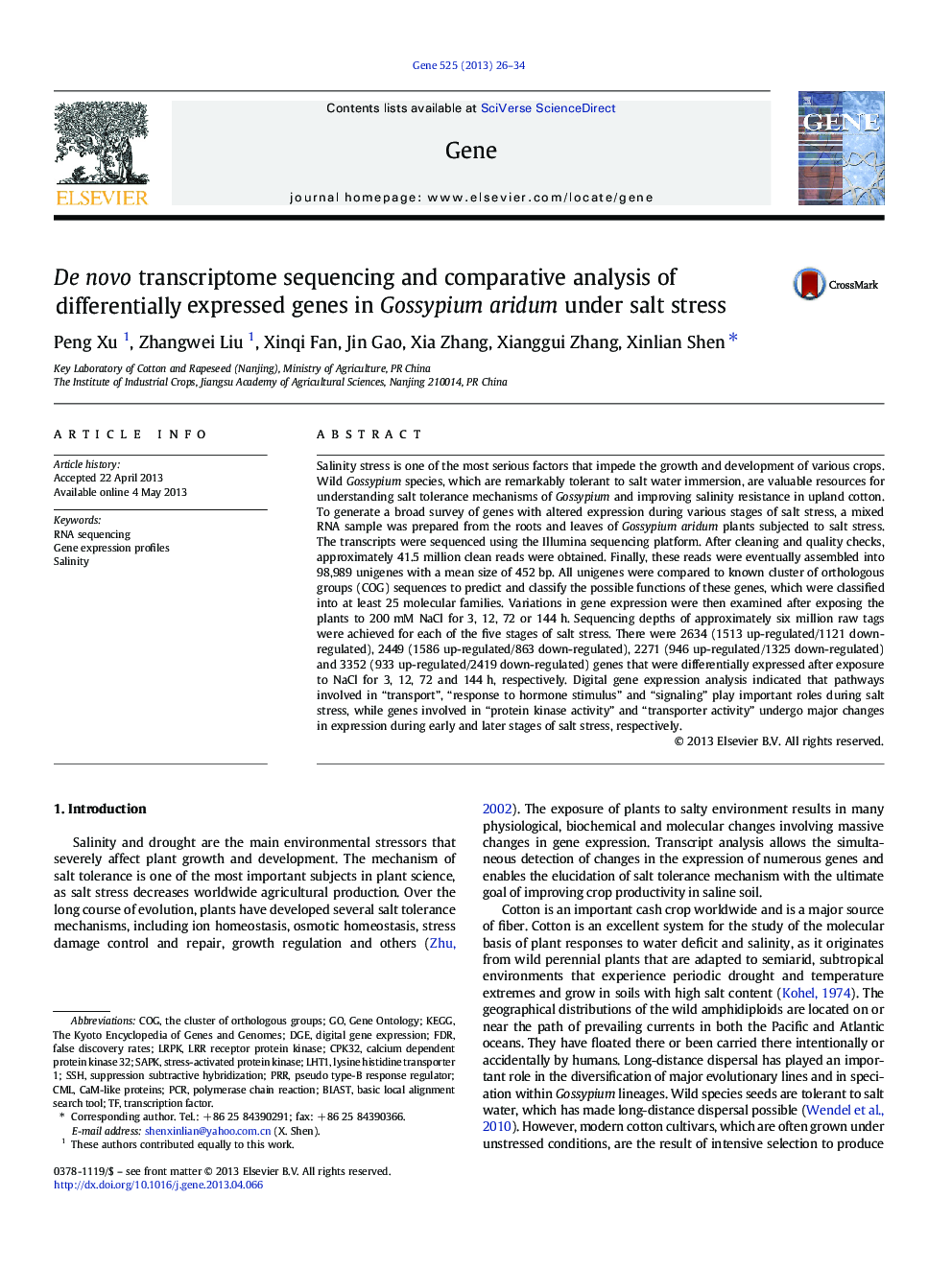 De novo transcriptome sequencing and comparative analysis of differentially expressed genes in Gossypium aridum under salt stress