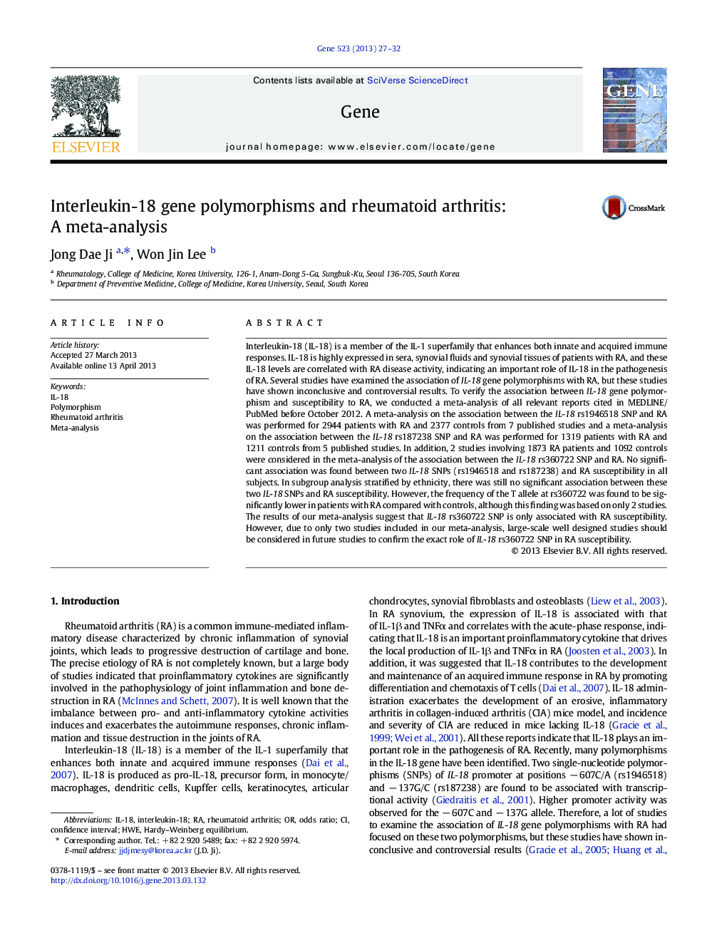 Interleukin-18 gene polymorphisms and rheumatoid arthritis: A meta-analysis