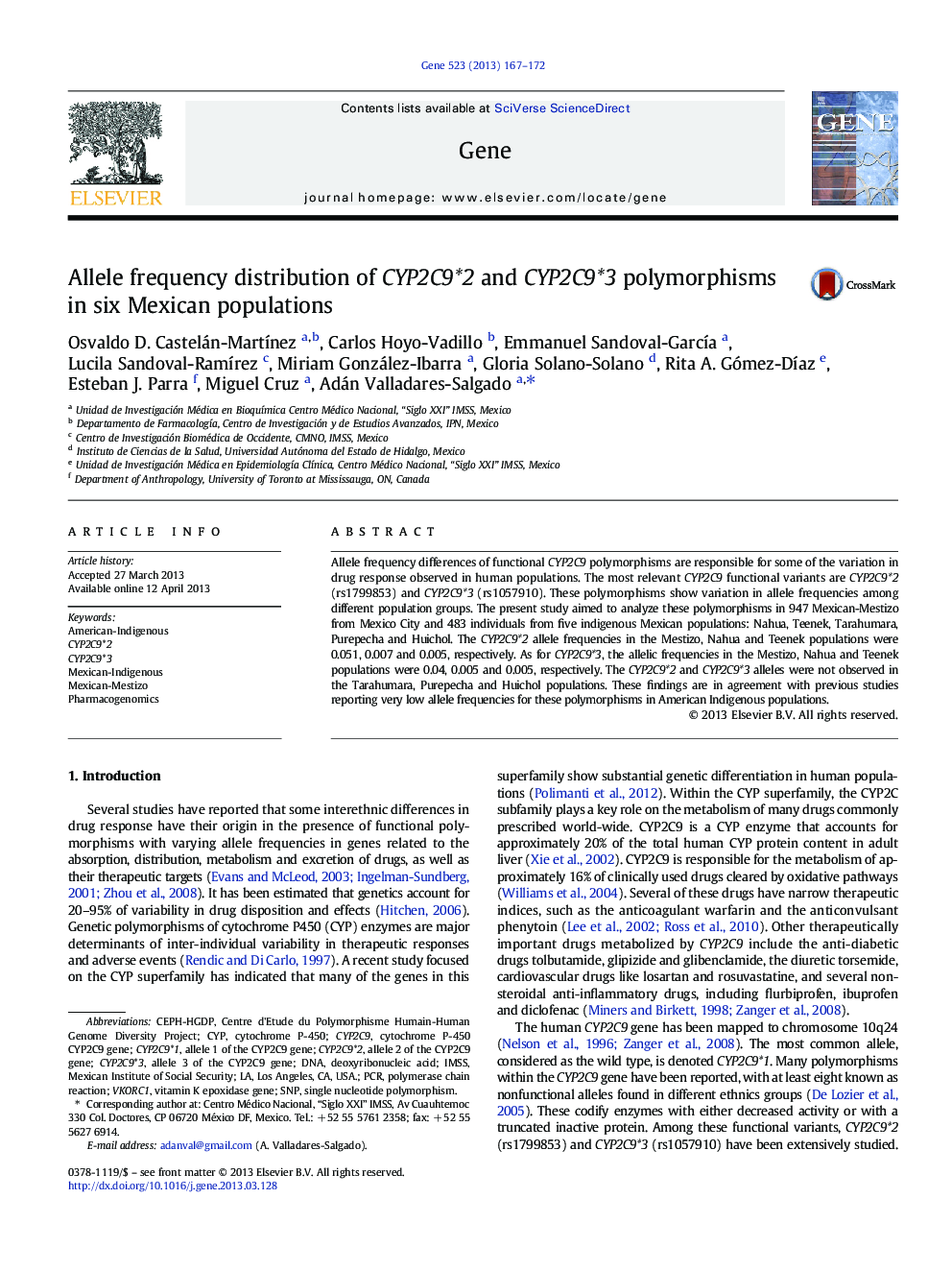 Allele frequency distribution of CYP2C9*2 and CYP2C9*3 polymorphisms in six Mexican populations