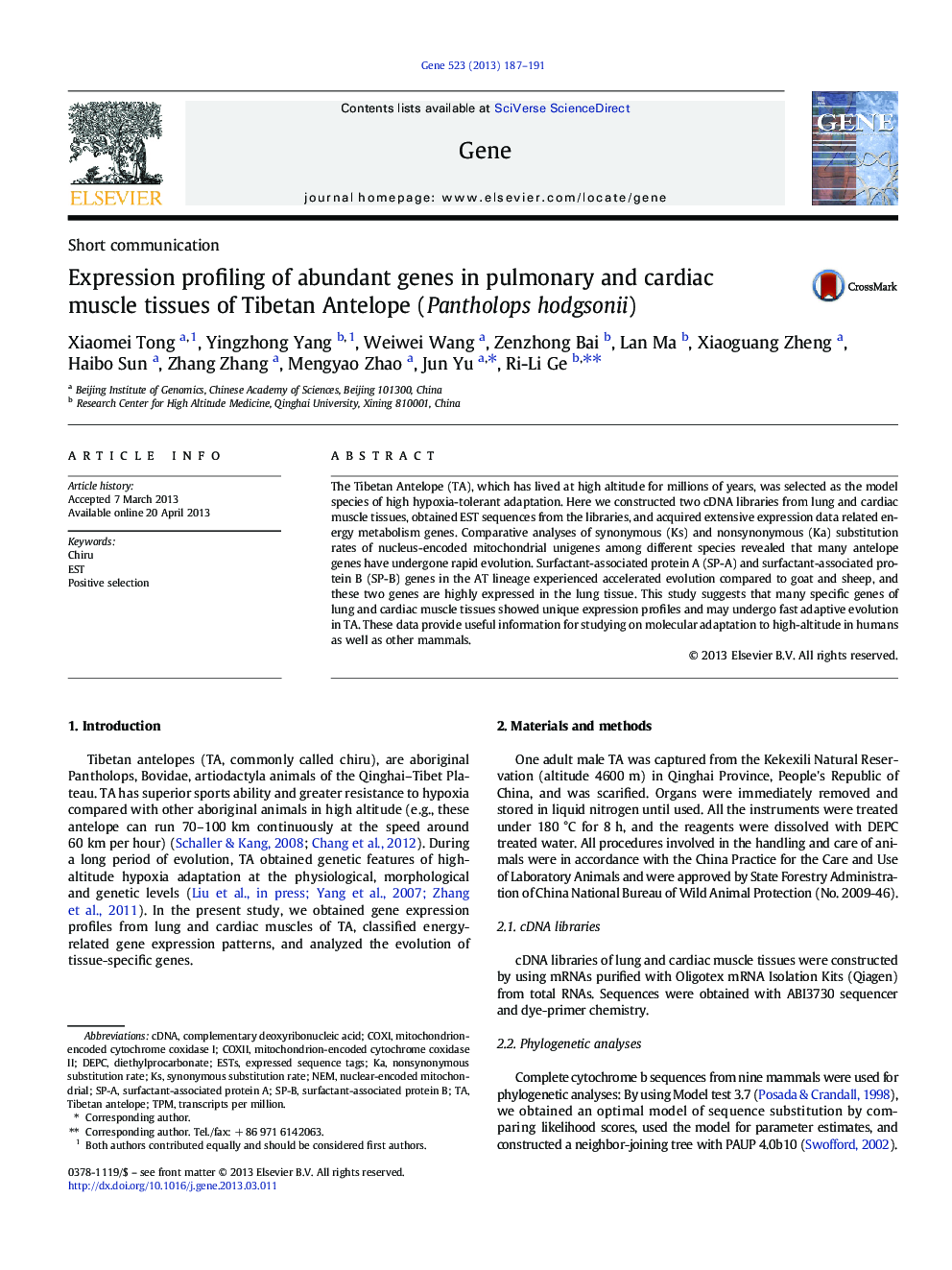 Expression profiling of abundant genes in pulmonary and cardiac muscle tissues of Tibetan Antelope (Pantholops hodgsonii)