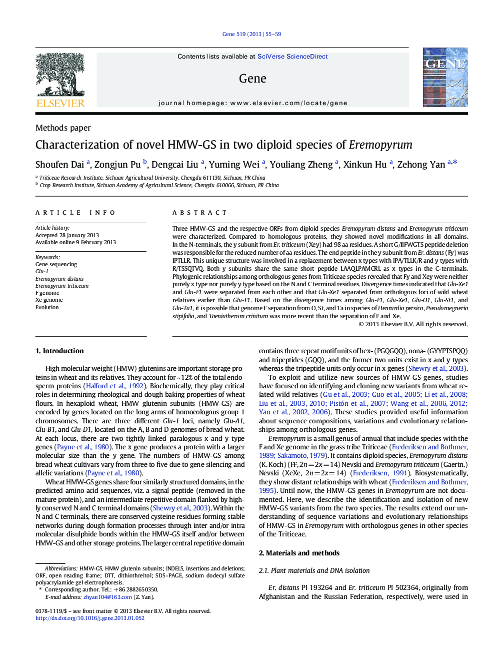 Methods paperCharacterization of novel HMW-GS in two diploid species of Eremopyrum