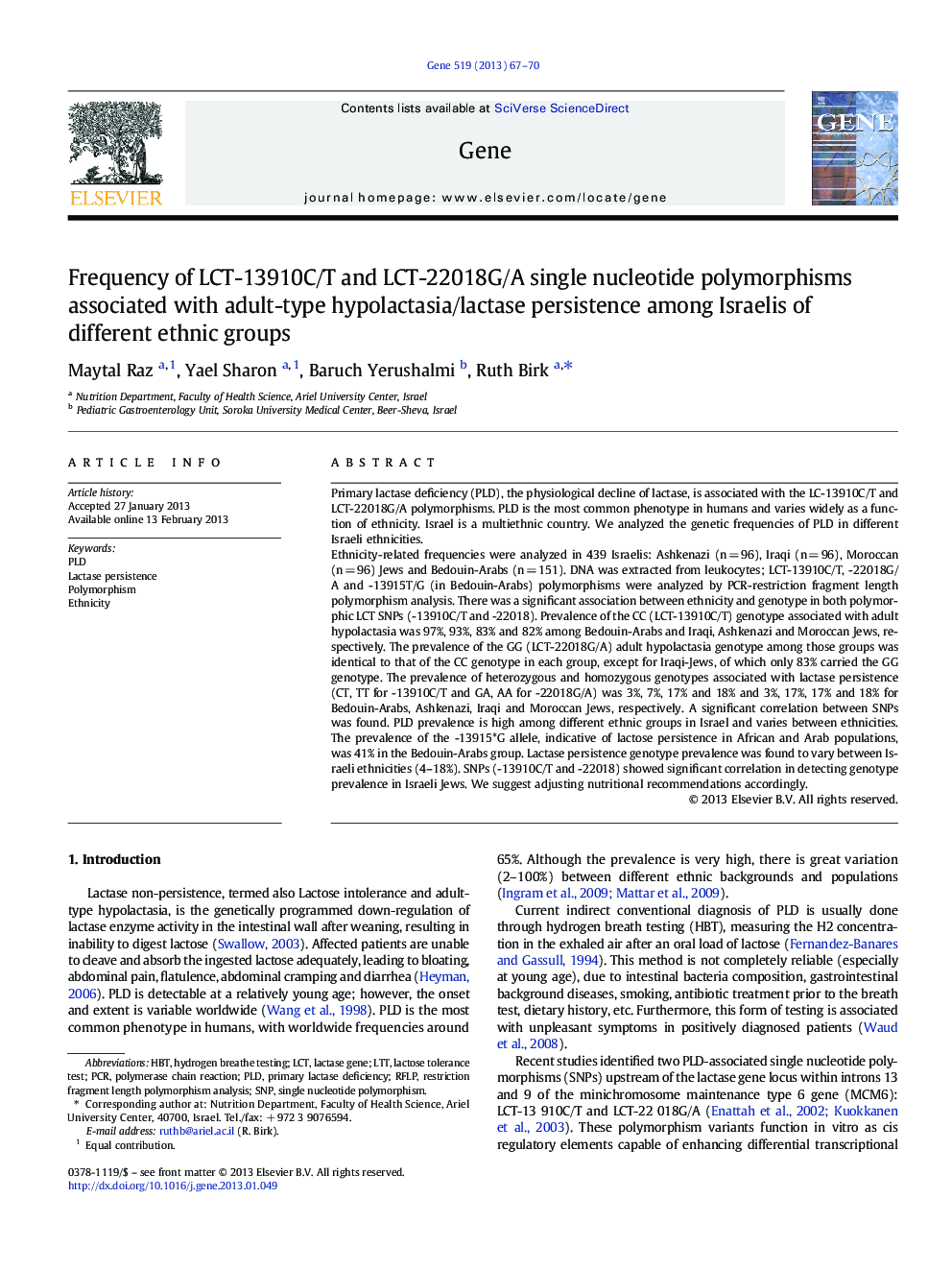 Frequency of LCT-13910C/T and LCT-22018G/A single nucleotide polymorphisms associated with adult-type hypolactasia/lactase persistence among Israelis of different ethnic groups