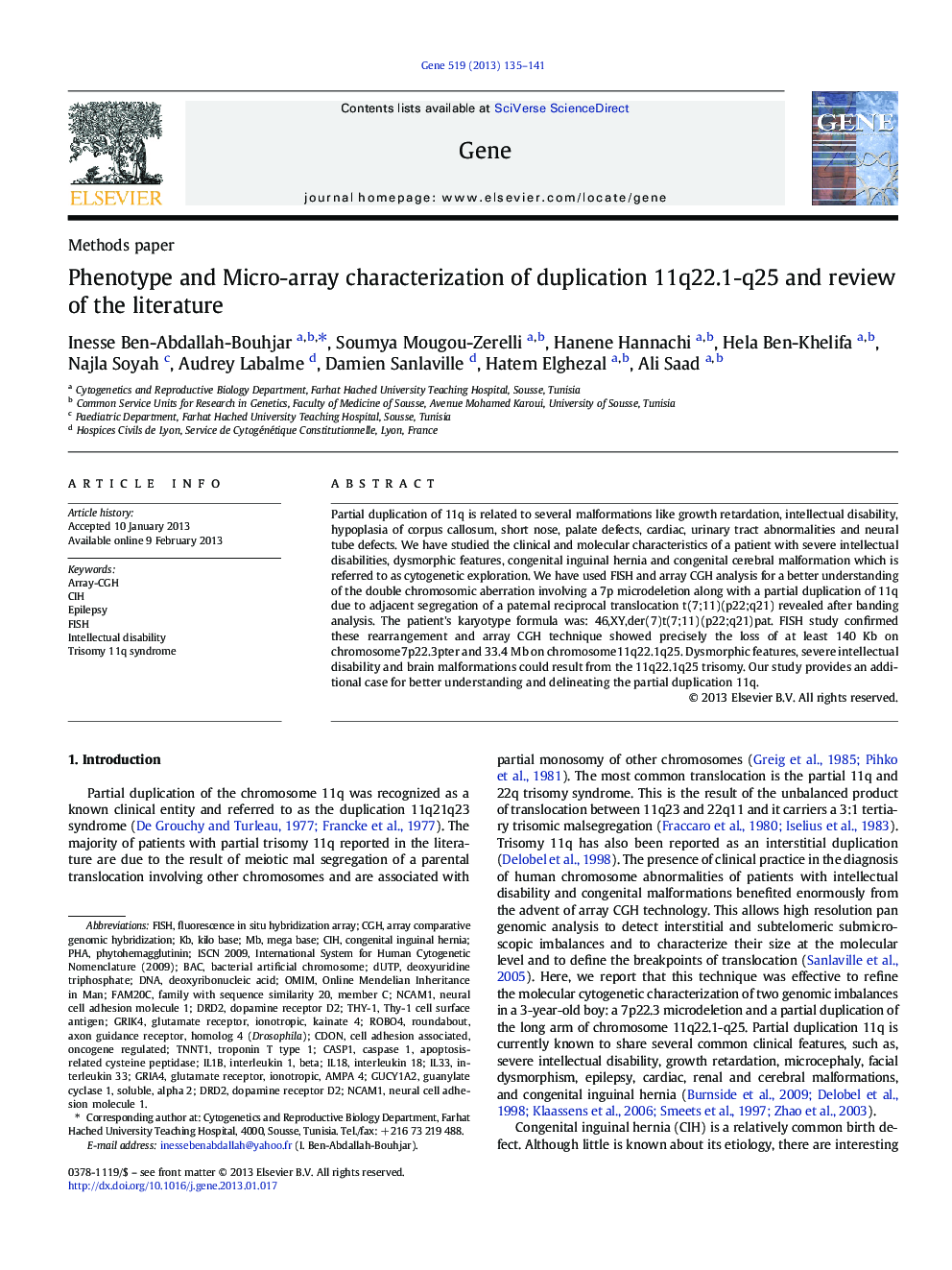 Phenotype and Micro-array characterization of duplication 11q22.1-q25 and review of the literature