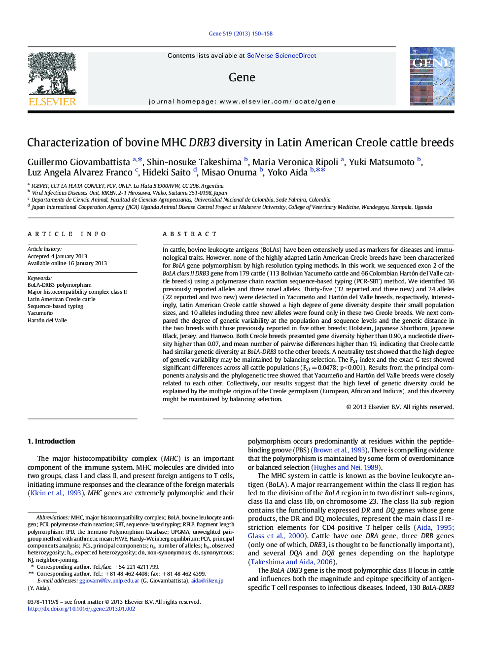 Characterization of bovine MHC DRB3 diversity in Latin American Creole cattle breeds