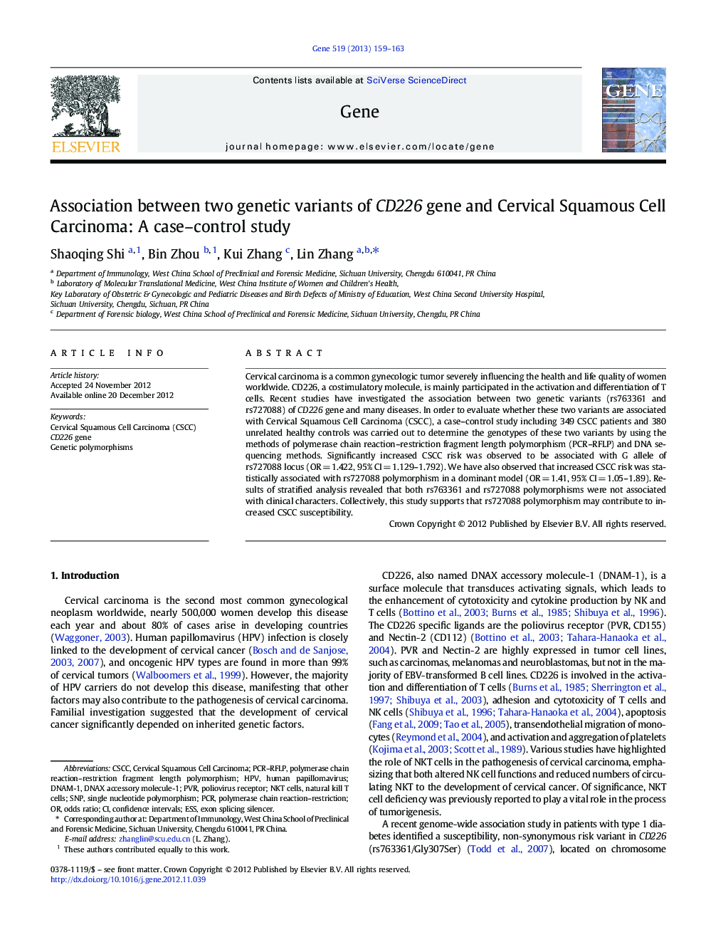 Association between two genetic variants of CD226 gene and Cervical Squamous Cell Carcinoma: A case-control study