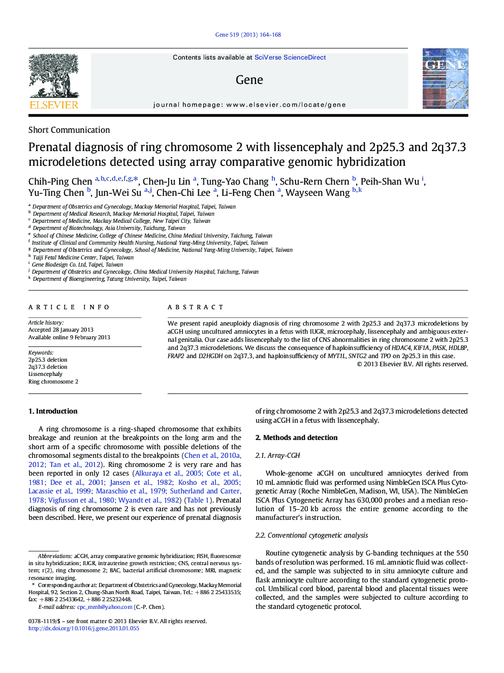 Prenatal diagnosis of ring chromosome 2 with lissencephaly and 2p25.3 and 2q37.3 microdeletions detected using array comparative genomic hybridization