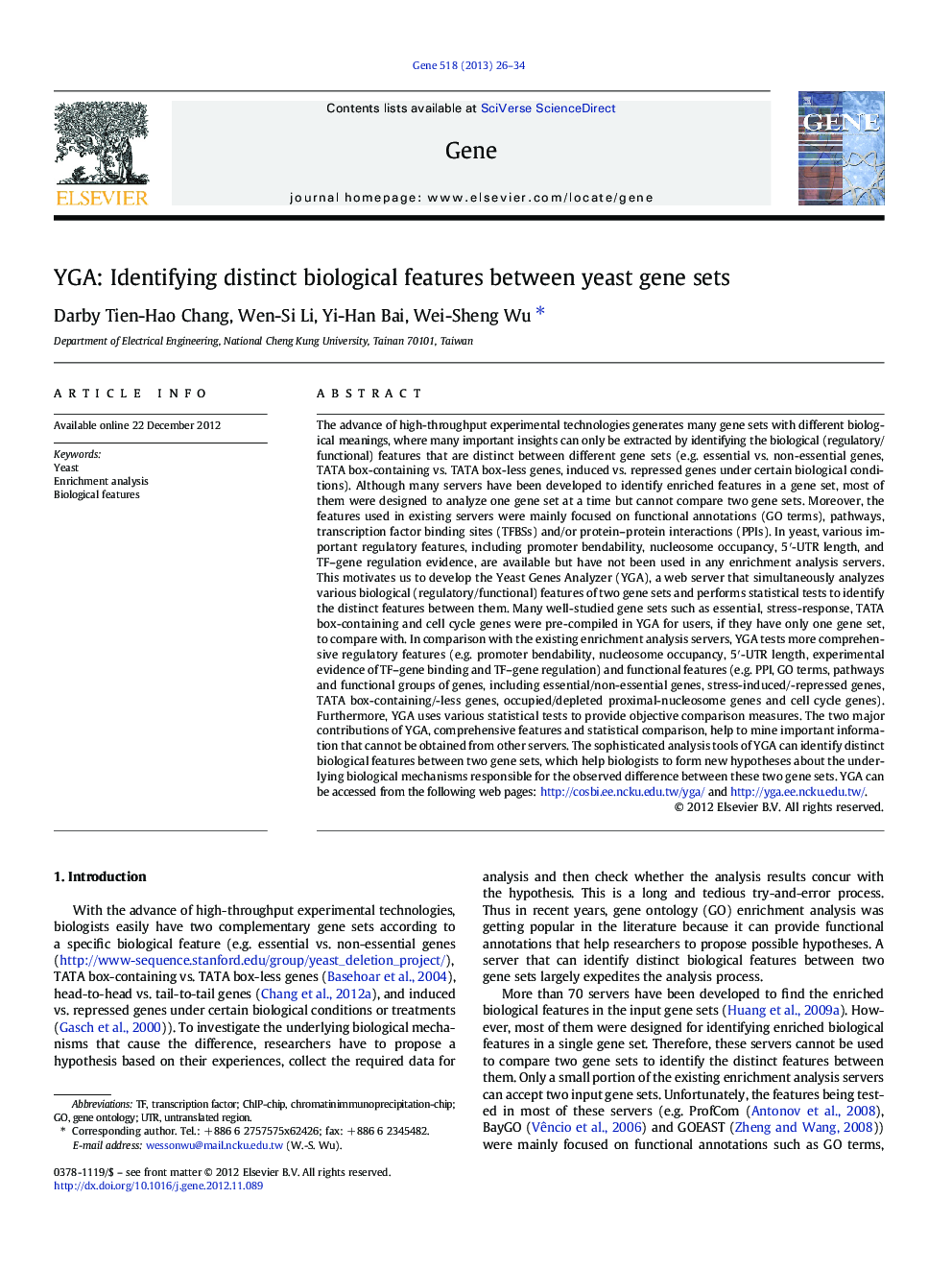 YGA: Identifying distinct biological features between yeast gene sets