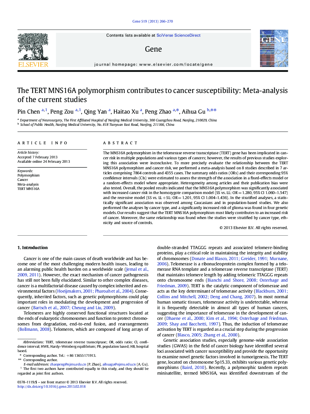 The TERT MNS16A polymorphism contributes to cancer susceptibility: Meta-analysis of the current studies