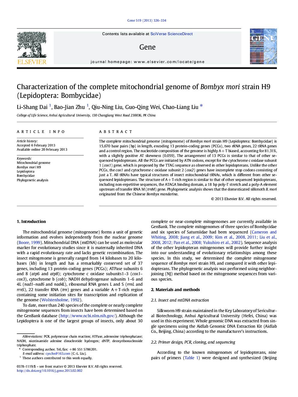 Characterization of the complete mitochondrial genome of Bombyx mori strain H9 (Lepidoptera: Bombycidae)