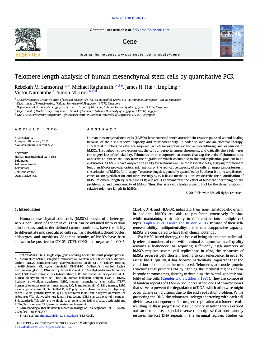 Telomere length analysis of human mesenchymal stem cells by quantitative PCR