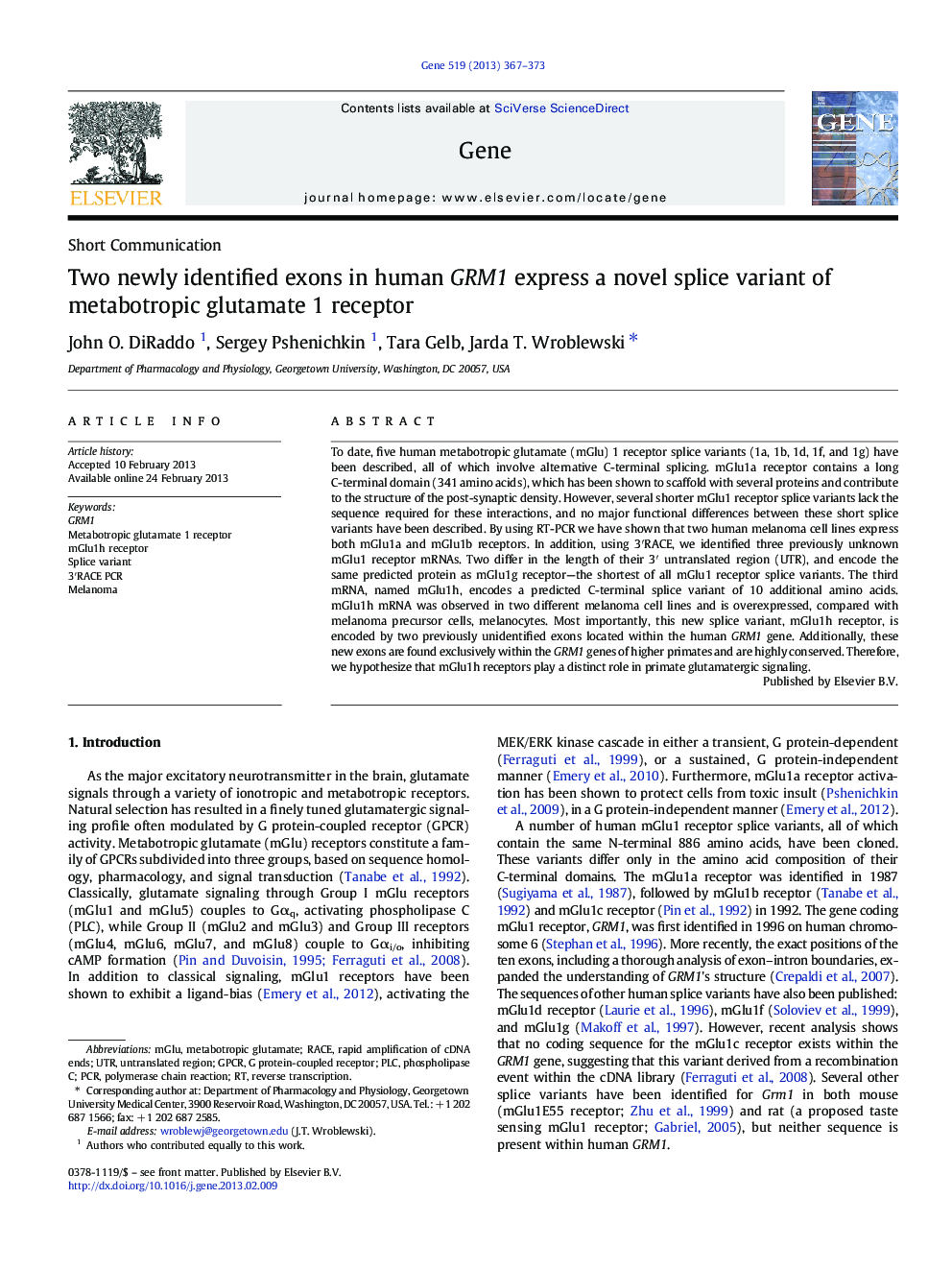 Short CommunicationTwo newly identified exons in human GRM1 express a novel splice variant of metabotropic glutamate 1 receptor