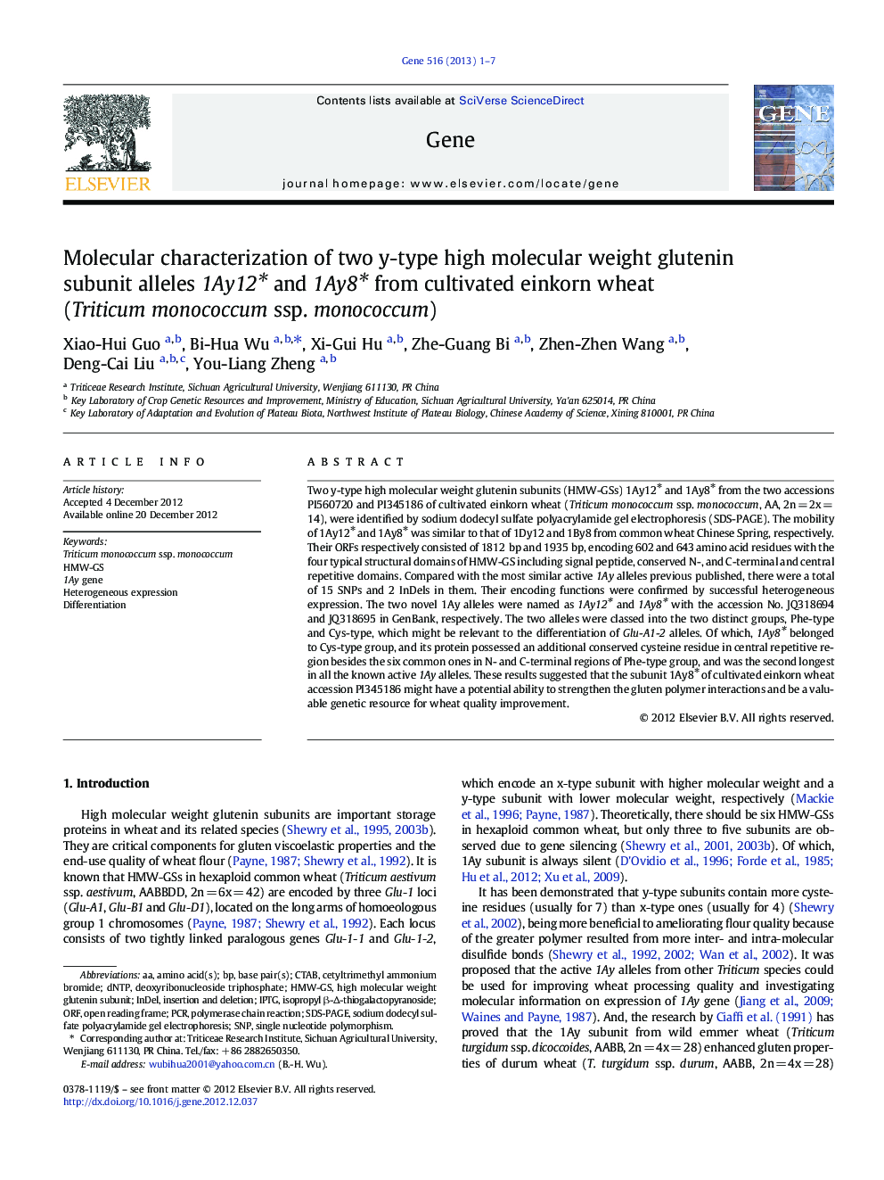 Molecular characterization of two y-type high molecular weight glutenin subunit alleles 1Ay12â and 1Ay8â from cultivated einkorn wheat (Triticum monococcum ssp. monococcum)