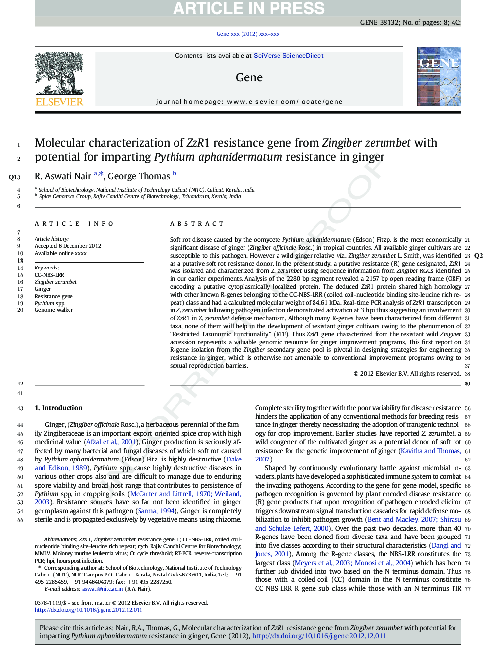 Molecular characterization of ZzR1 resistance gene from Zingiber zerumbet with potential for imparting Pythium aphanidermatum resistance in ginger