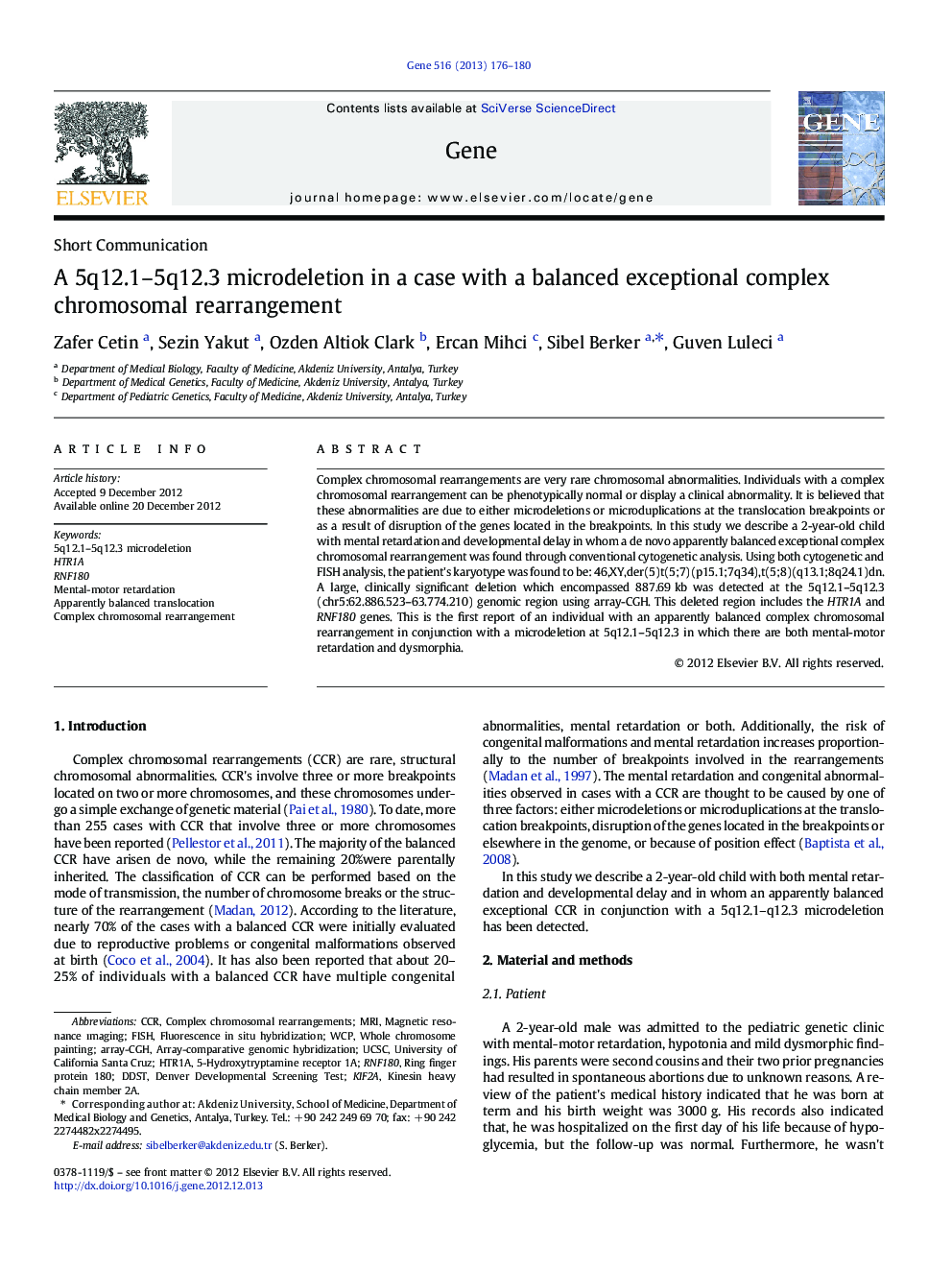 A 5q12.1-5q12.3 microdeletion in a case with a balanced exceptional complex chromosomal rearrangement