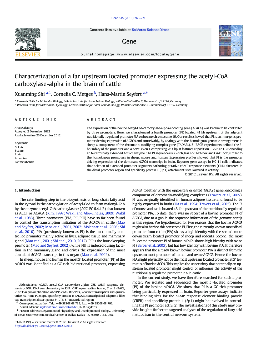 Characterization of a far upstream located promoter expressing the acetyl-CoA carboxylase-alpha in the brain of cattle