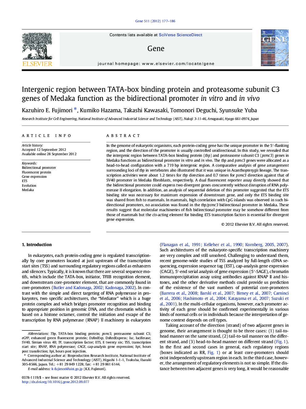 Intergenic region between TATA-box binding protein and proteasome subunit C3 genes of Medaka function as the bidirectional promoter in vitro and in vivo