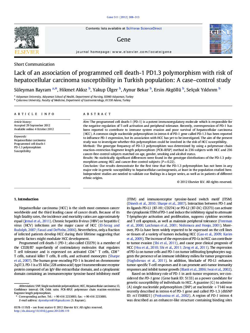 Lack of an association of programmed cell death-1 PD1.3 polymorphism with risk of hepatocellular carcinoma susceptibility in Turkish population: A case-control study