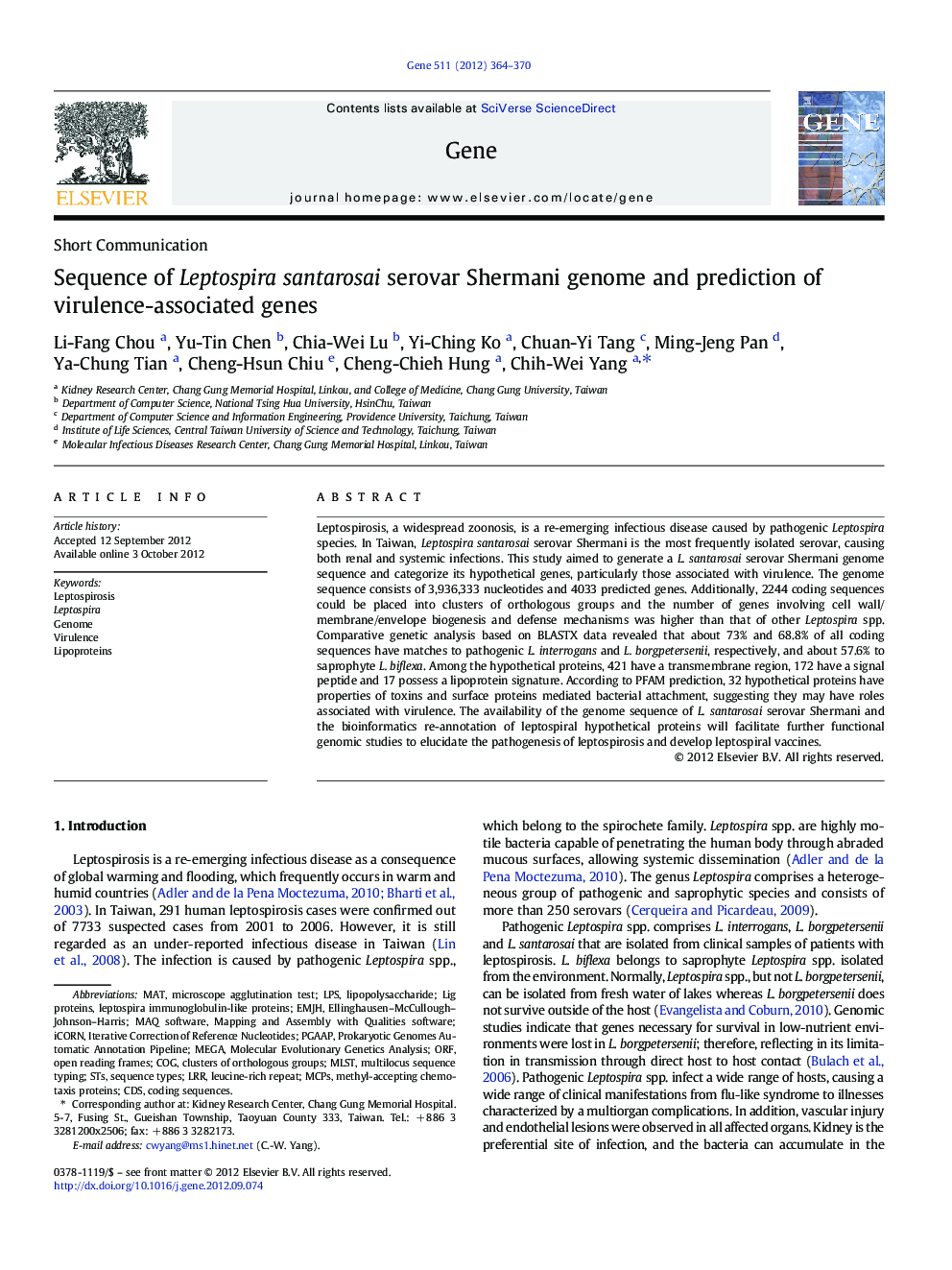 Sequence of Leptospira santarosai serovar Shermani genome and prediction of virulence-associated genes