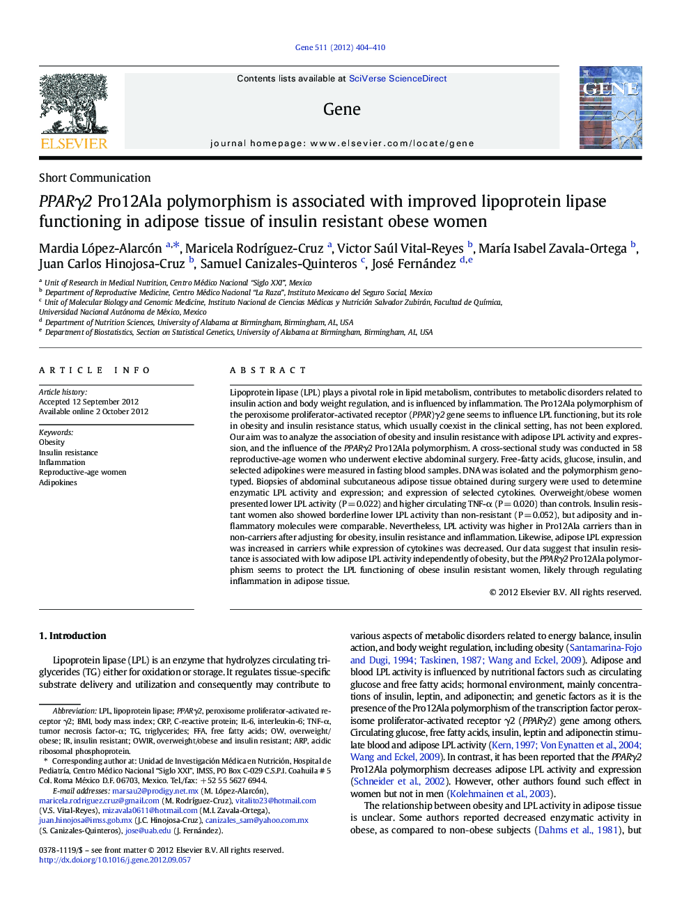 PPARÎ³2 Pro12Ala polymorphism is associated with improved lipoprotein lipase functioning in adipose tissue of insulin resistant obese women