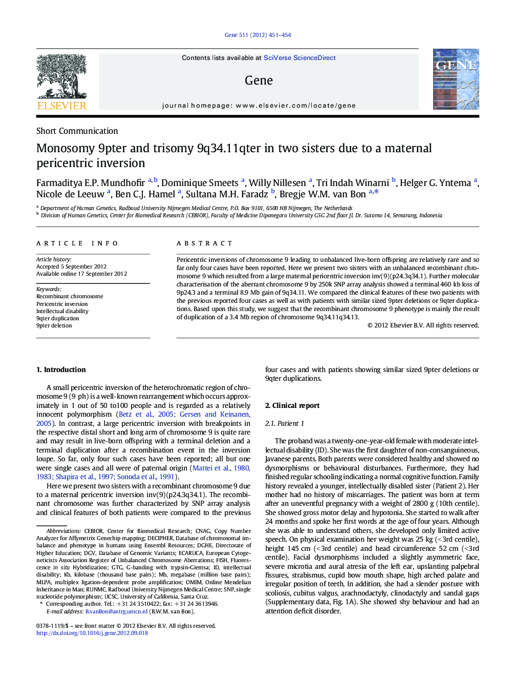 Monosomy 9pter and trisomy 9q34.11qter in two sisters due to a maternal pericentric inversion