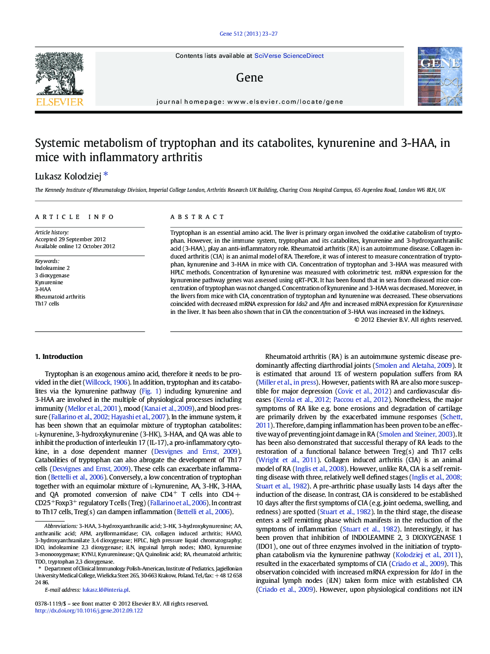 Systemic metabolism of tryptophan and its catabolites, kynurenine and 3-HAA, in mice with inflammatory arthritis