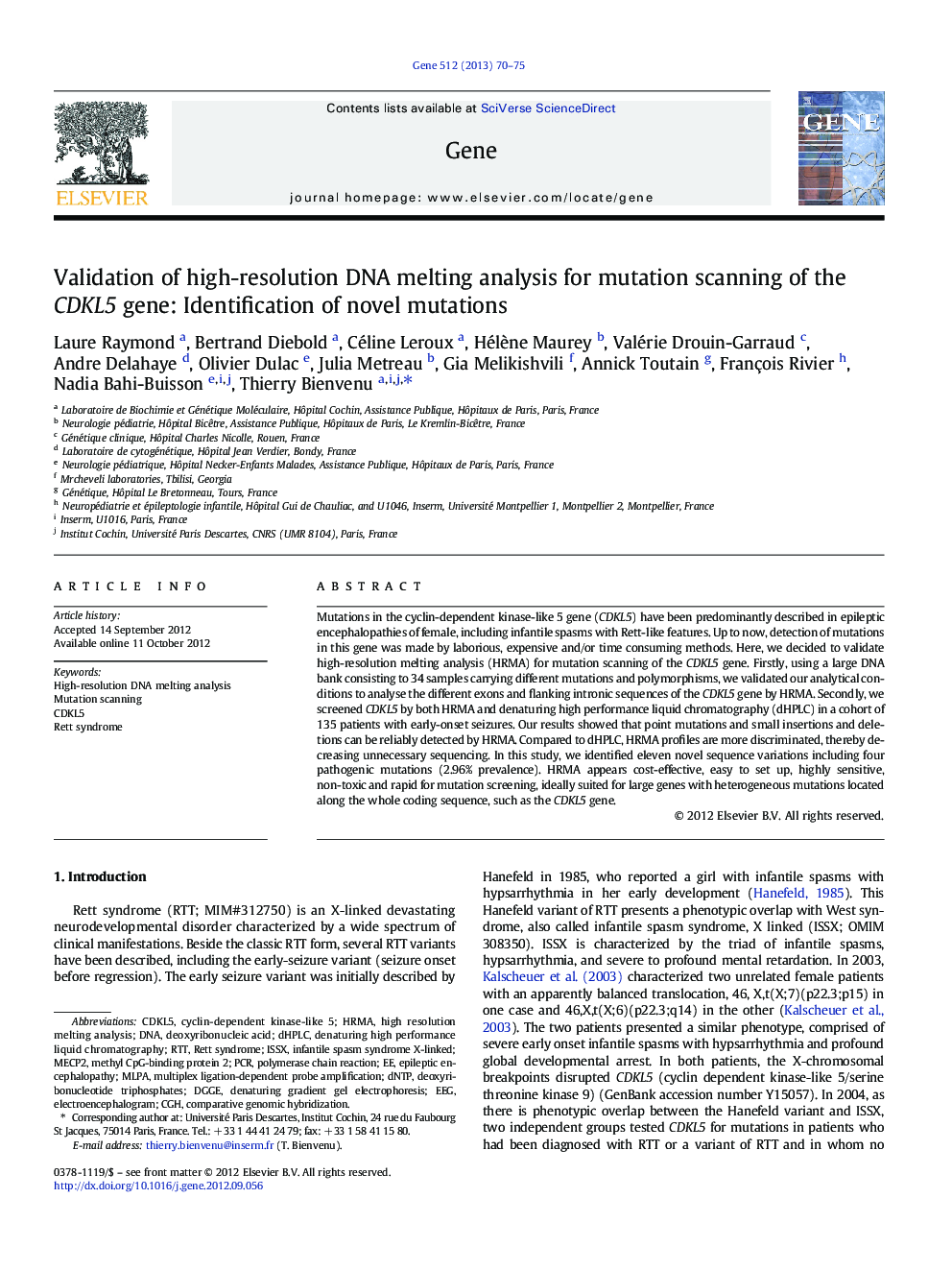 Validation of high-resolution DNA melting analysis for mutation scanning of the CDKL5 gene: Identification of novel mutations