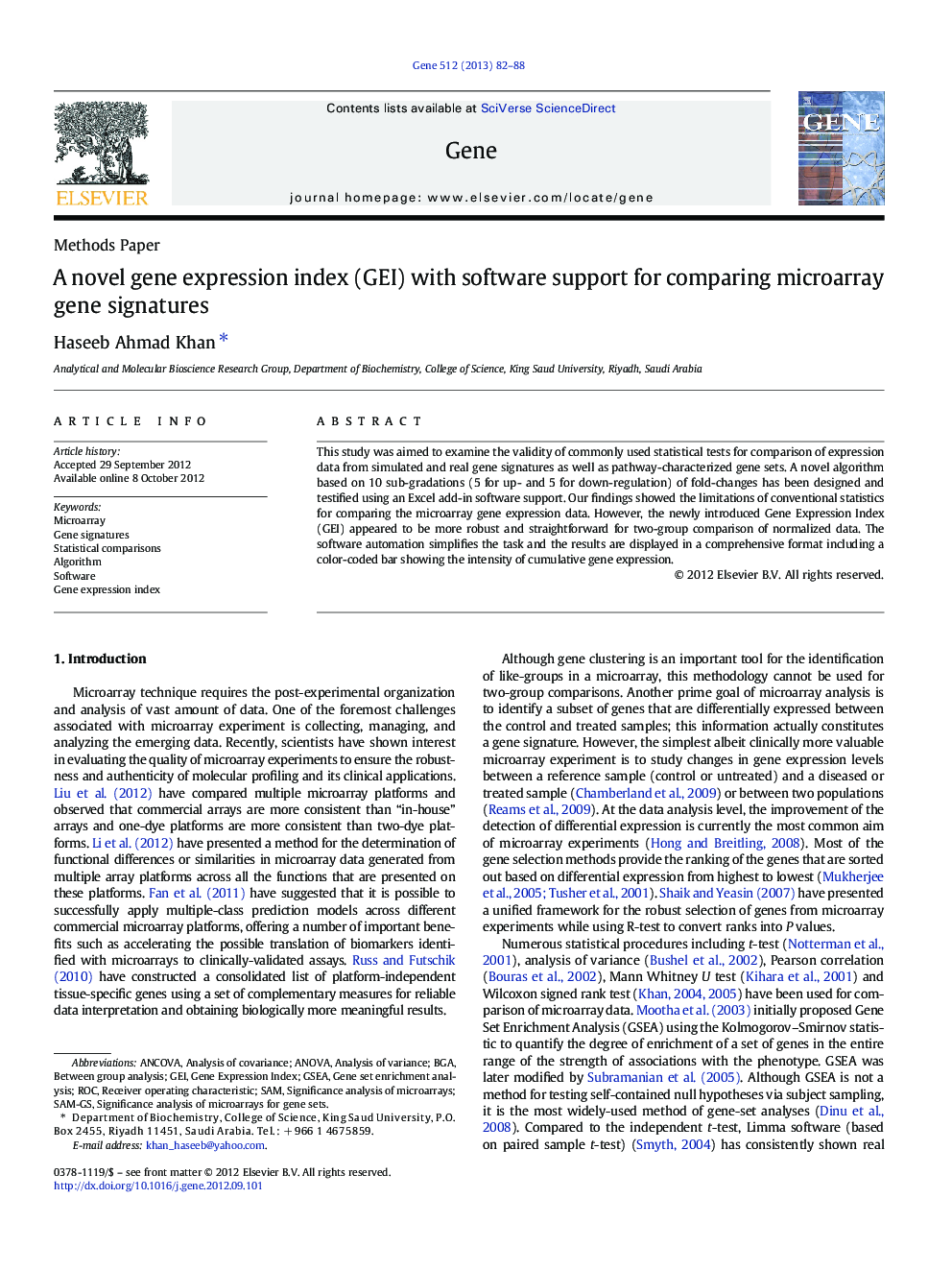 A novel gene expression index (GEI) with software support for comparing microarray gene signatures