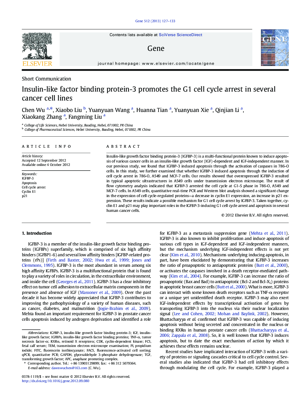 Short CommunicationInsulin-like factor binding protein-3 promotes the G1 cell cycle arrest in several cancer cell lines