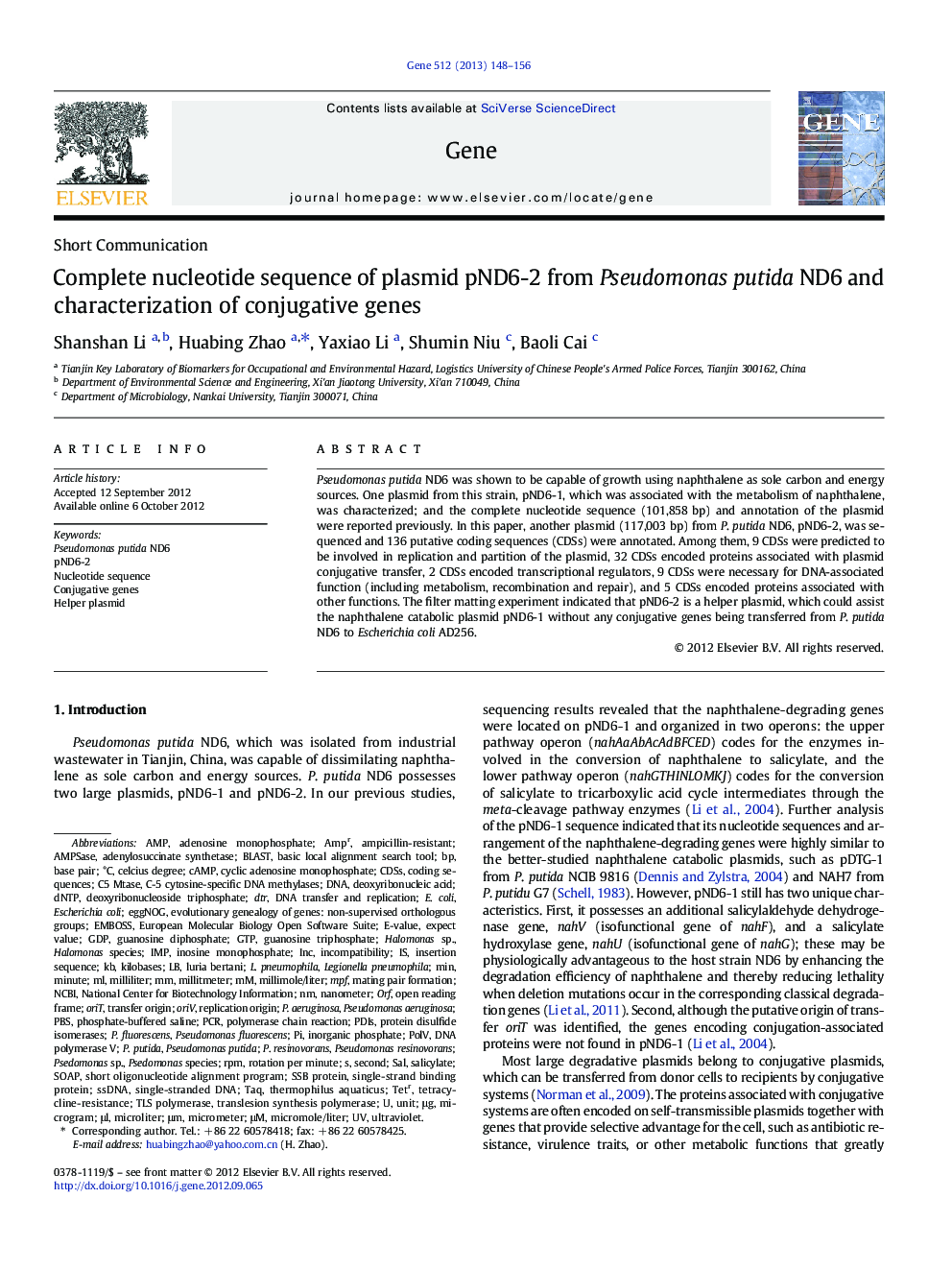 Complete nucleotide sequence of plasmid pND6-2 from Pseudomonas putida ND6 and characterization of conjugative genes