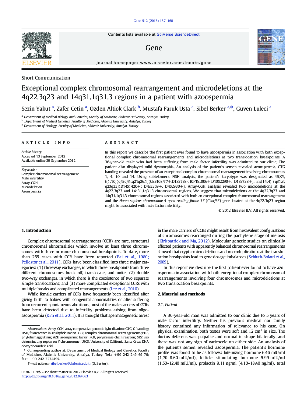 Exceptional complex chromosomal rearrangement and microdeletions at the 4q22.3q23 and 14q31.1q31.3 regions in a patient with azoospermia