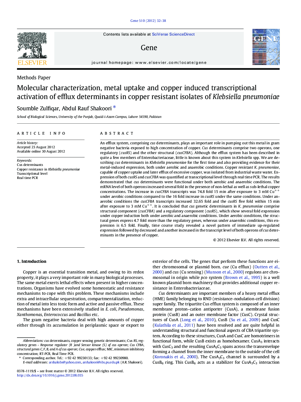 Molecular characterization, metal uptake and copper induced transcriptional activation of efflux determinants in copper resistant isolates of Klebsiella pneumoniae