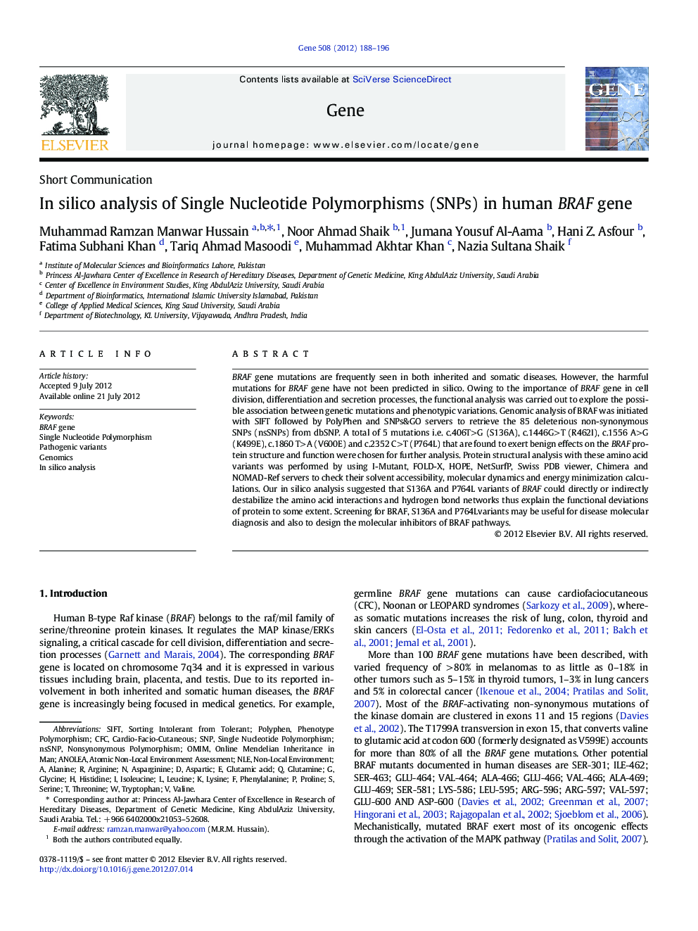 In silico analysis of Single Nucleotide Polymorphisms (SNPs) in human BRAF gene