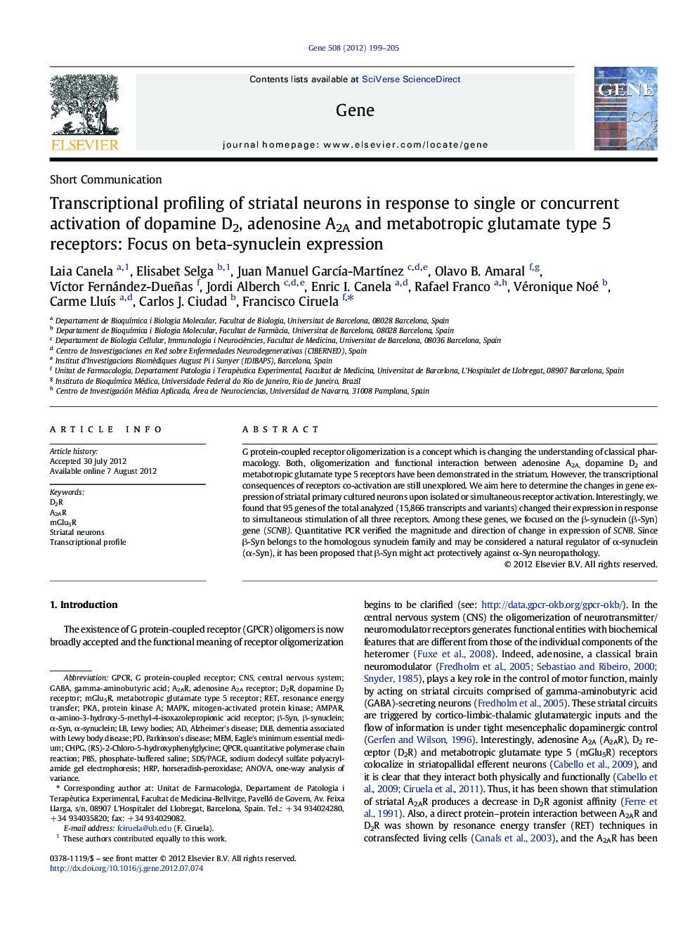 Short CommunicationTranscriptional profiling of striatal neurons in response to single or concurrent activation of dopamine D2, adenosine A2A and metabotropic glutamate type 5 receptors: Focus on beta-synuclein expression